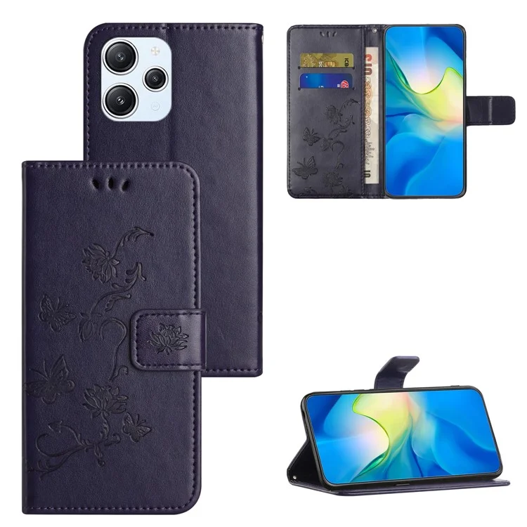 Für Xiaomi Redmi 12 4G Wallet Stand Phone Case Butterfly Flower Imprinted PU Leather Cover - Dunkellila