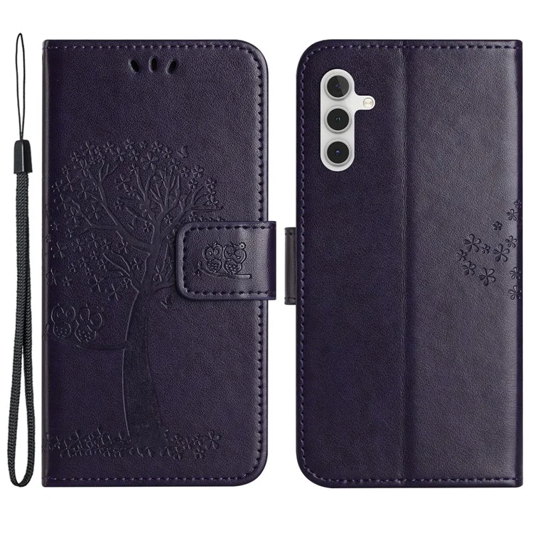 Wallet Case for Samsung Galaxy S23 FE Owl Tree Imprinted PU Leather Stand Phone Cover - Dark Purple