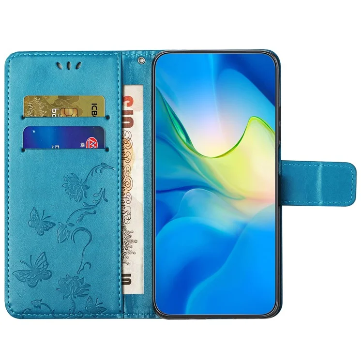 Для Samsung Galaxy S23 FE PU Leather Wallet Phone Case Butterfly Flower Imprinted Stand Cover - Blue