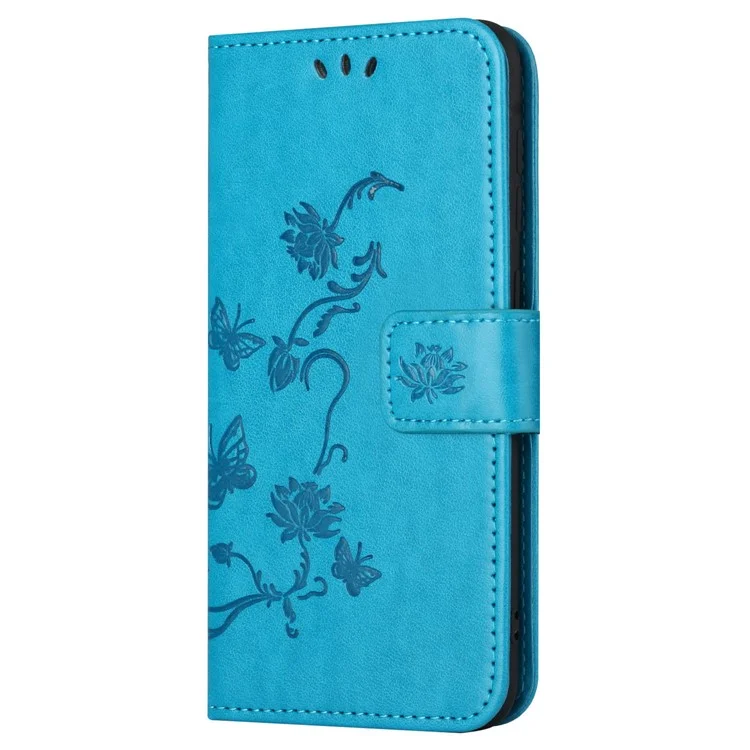 Для Samsung Galaxy S23 FE PU Leather Wallet Phone Case Butterfly Flower Imprinted Stand Cover - Blue