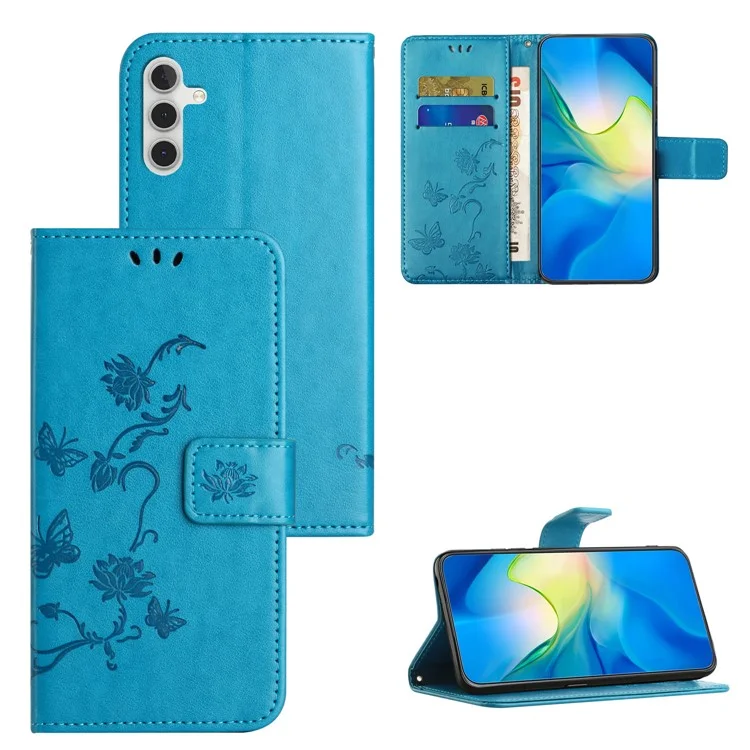 Для Samsung Galaxy S23 FE PU Leather Wallet Phone Case Butterfly Flower Imprinted Stand Cover - Blue