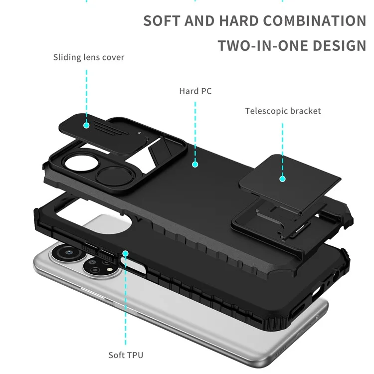 Per Honor X7 Custodia per telefono con coperchio scorrevole per fotocamera, antiurto, supporto PC+TPU - Nero 