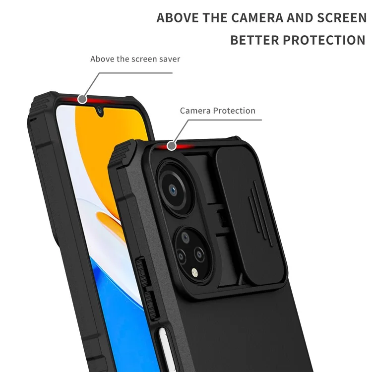 Per Honor X7 Custodia per telefono con coperchio scorrevole per fotocamera, antiurto, supporto PC+TPU - Nero 