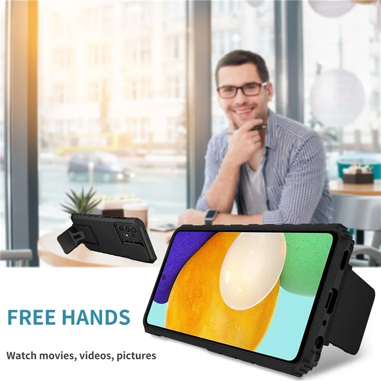 Für Samsung Galaxy A52 4G / A52 5G / A52s 5G PC+TPU Kickstand Cover Slide Camera Lid Phone Case - Schwarz