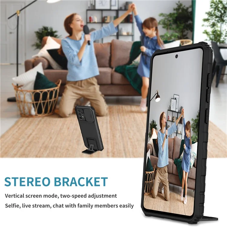 Für Samsung Galaxy A52 4G / A52 5G / A52s 5G PC+TPU Kickstand Cover Slide Camera Lid Phone Case - Schwarz