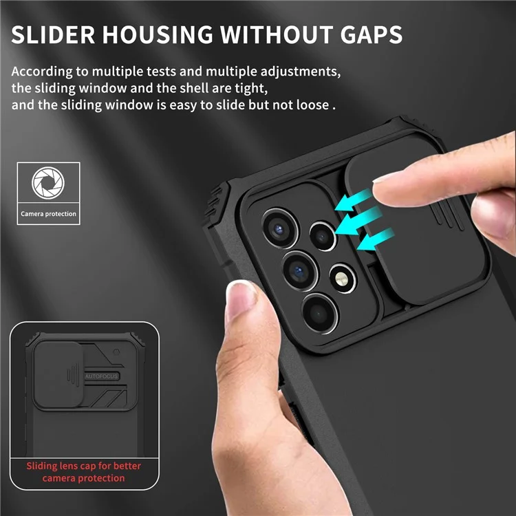 Für Samsung Galaxy A52 4G / A52 5G / A52s 5G PC+TPU Kickstand Cover Slide Camera Lid Phone Case - Schwarz