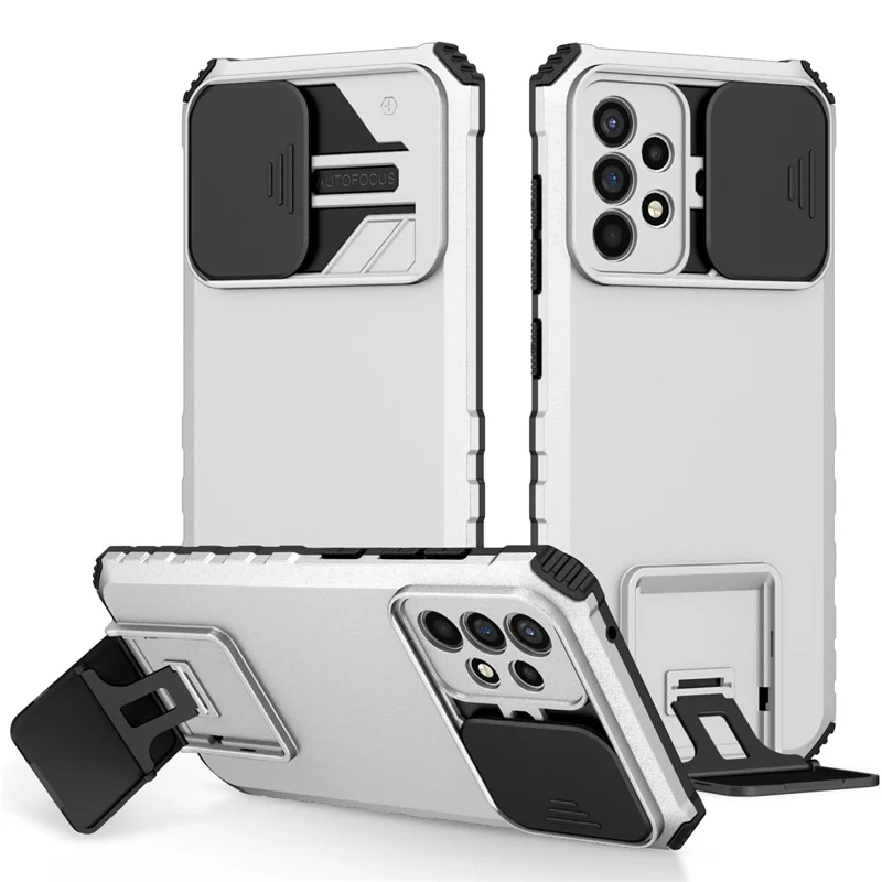 For Samsung Galaxy A52 4G / A52 5G / A52s 5G PC+TPU Kickstand Cover Slide Camera Lid Phone Case - White