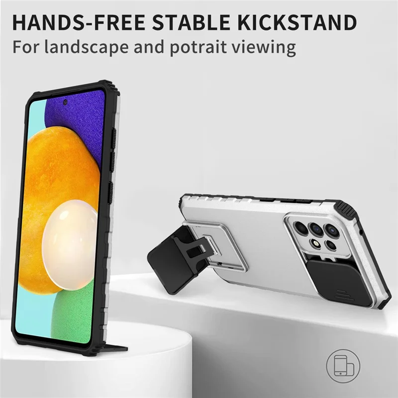 For Samsung Galaxy A52 4G / A52 5G / A52s 5G PC+TPU Kickstand Cover Slide Camera Lid Phone Case - White