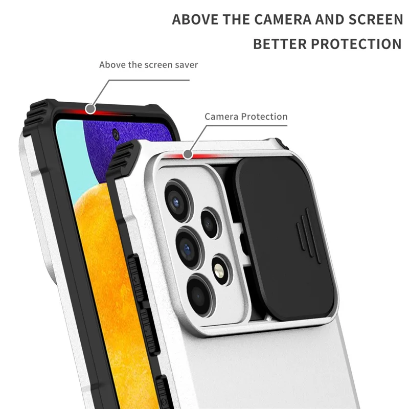 For Samsung Galaxy A52 4G / A52 5G / A52s 5G PC+TPU Kickstand Cover Slide Camera Lid Phone Case - White