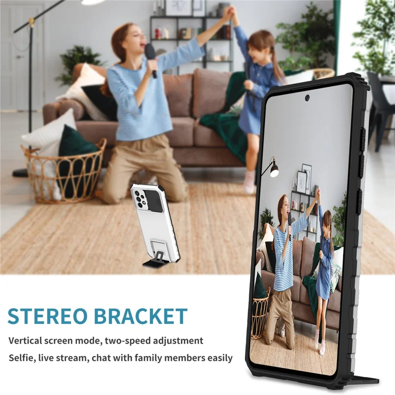 For Samsung Galaxy A52 4G / A52 5G / A52s 5G PC+TPU Kickstand Cover Slide Camera Lid Phone Case - White