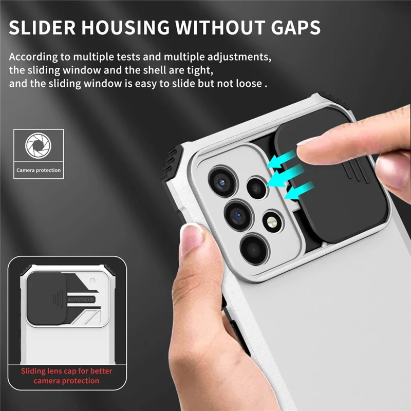 For Samsung Galaxy A52 4G / A52 5G / A52s 5G PC+TPU Kickstand Cover Slide Camera Lid Phone Case - White