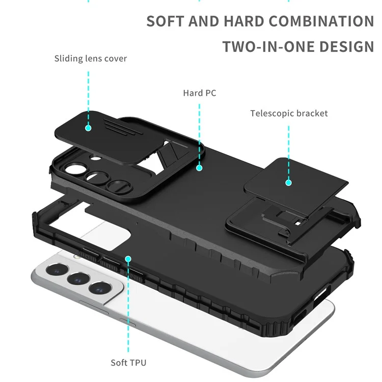 Для Samsung Galaxy S22 5G ПК + ТПУ Kickstand Cover Slide Lens Shield Phone Case - Чёрный