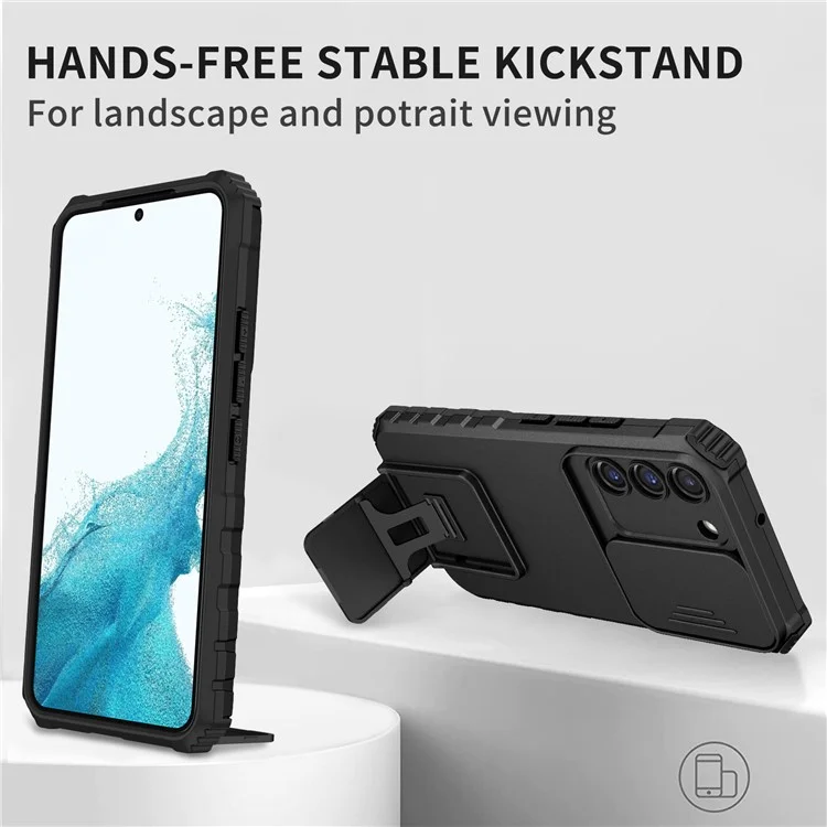 Для Samsung Galaxy S22 5G ПК + ТПУ Kickstand Cover Slide Lens Shield Phone Case - Чёрный