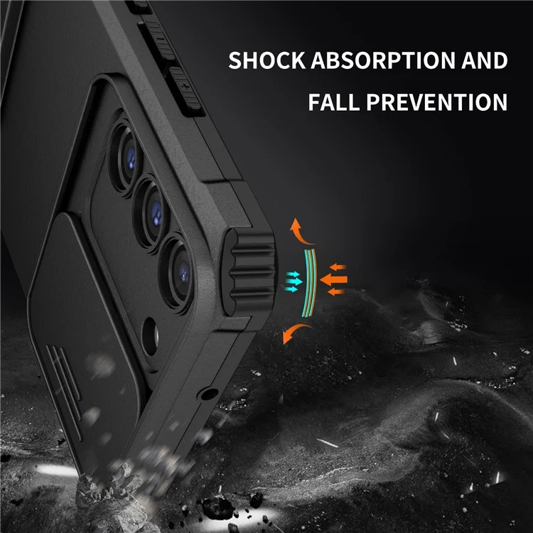 Для Samsung Galaxy S22 5G ПК + ТПУ Kickstand Cover Slide Lens Shield Phone Case - Чёрный