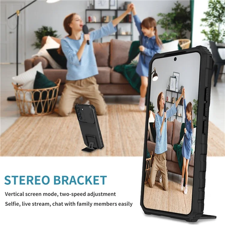 Для Samsung Galaxy S22 5G ПК + ТПУ Kickstand Cover Slide Lens Shield Phone Case - Чёрный