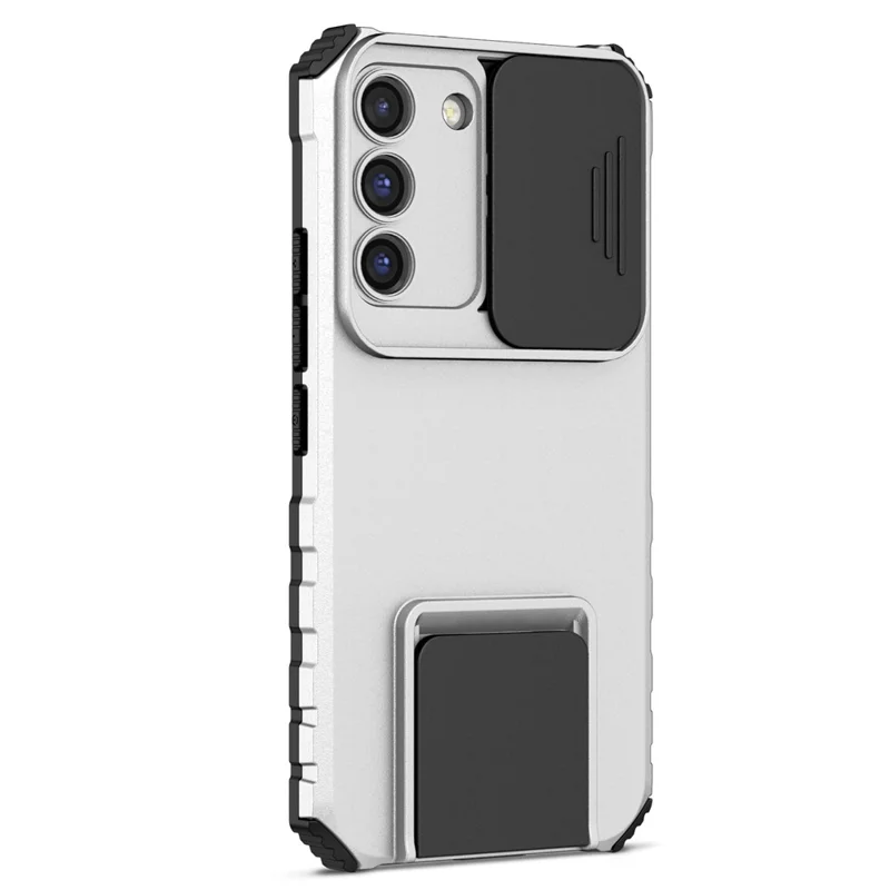 For Samsung Galaxy S22 5G PC+TPU Kickstand Cover Slide Lens Shield Phone Case - White