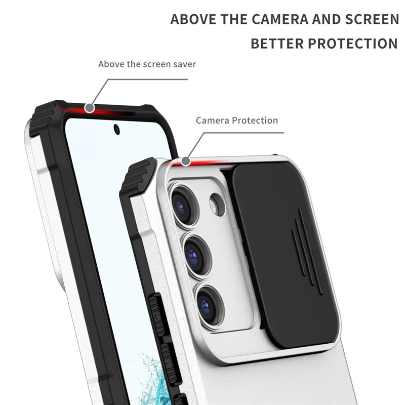 For Samsung Galaxy S22 5G PC+TPU Kickstand Cover Slide Lens Shield Phone Case - White