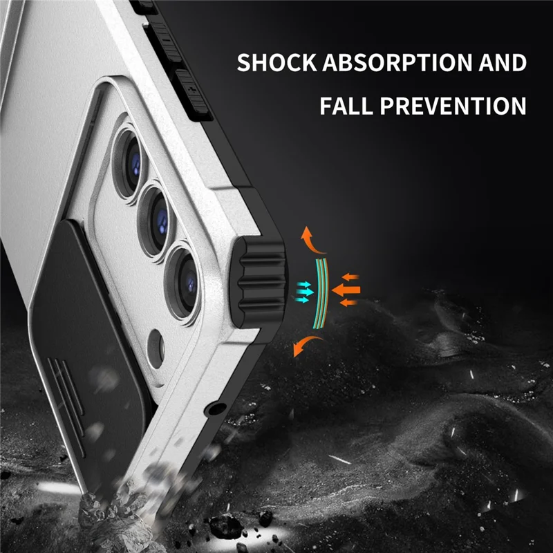 For Samsung Galaxy S22 5G PC+TPU Kickstand Cover Slide Lens Shield Phone Case - White