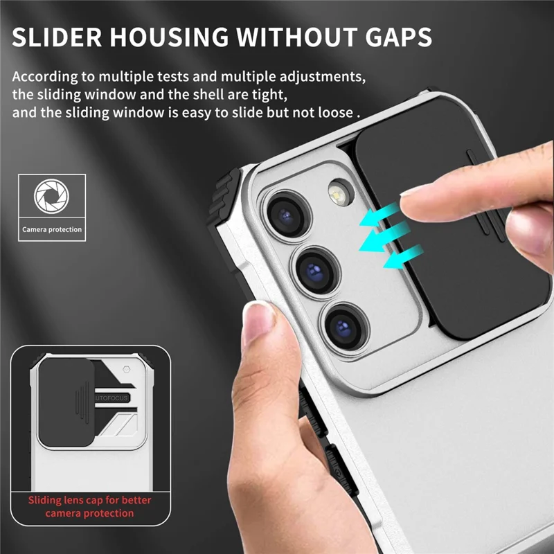 For Samsung Galaxy S22 5G PC+TPU Kickstand Cover Slide Lens Shield Phone Case - White