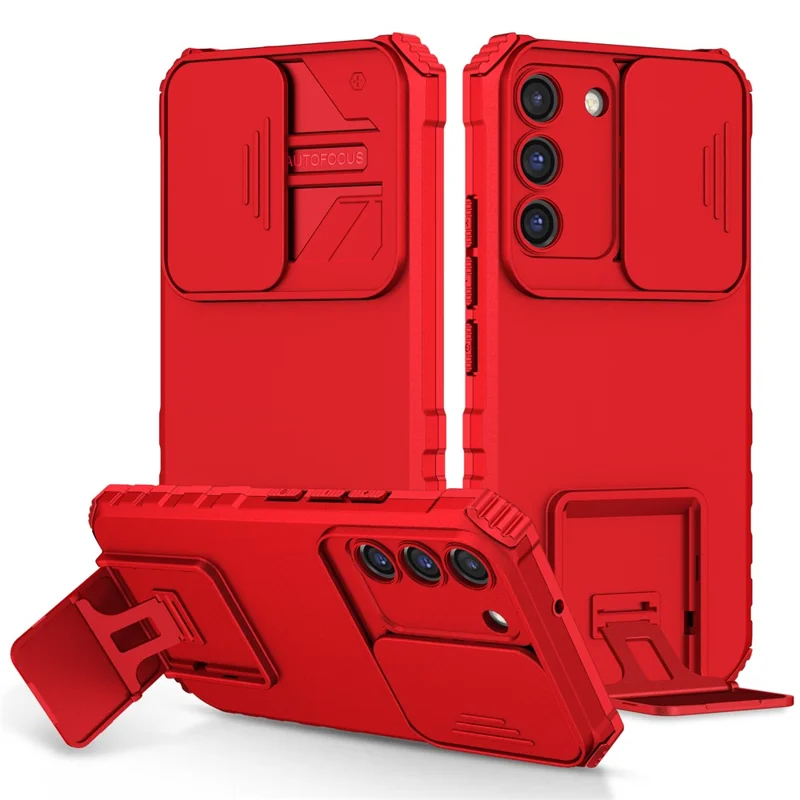 Für Samsung Galaxy S22 5G PC+TPU Kickstand Cover Slide Lens Shield Handyhülle - Rot