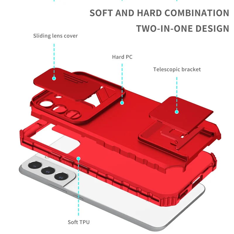 Für Samsung Galaxy S22 5G PC+TPU Kickstand Cover Slide Lens Shield Handyhülle - Rot