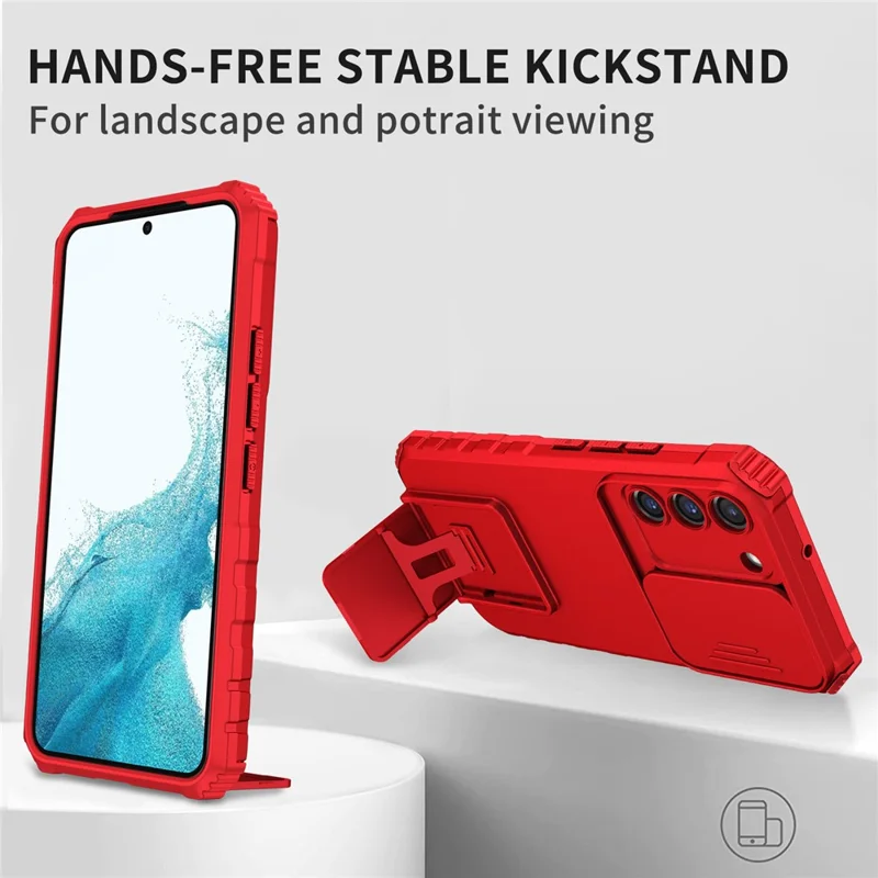 Für Samsung Galaxy S22 5G PC+TPU Kickstand Cover Slide Lens Shield Handyhülle - Rot