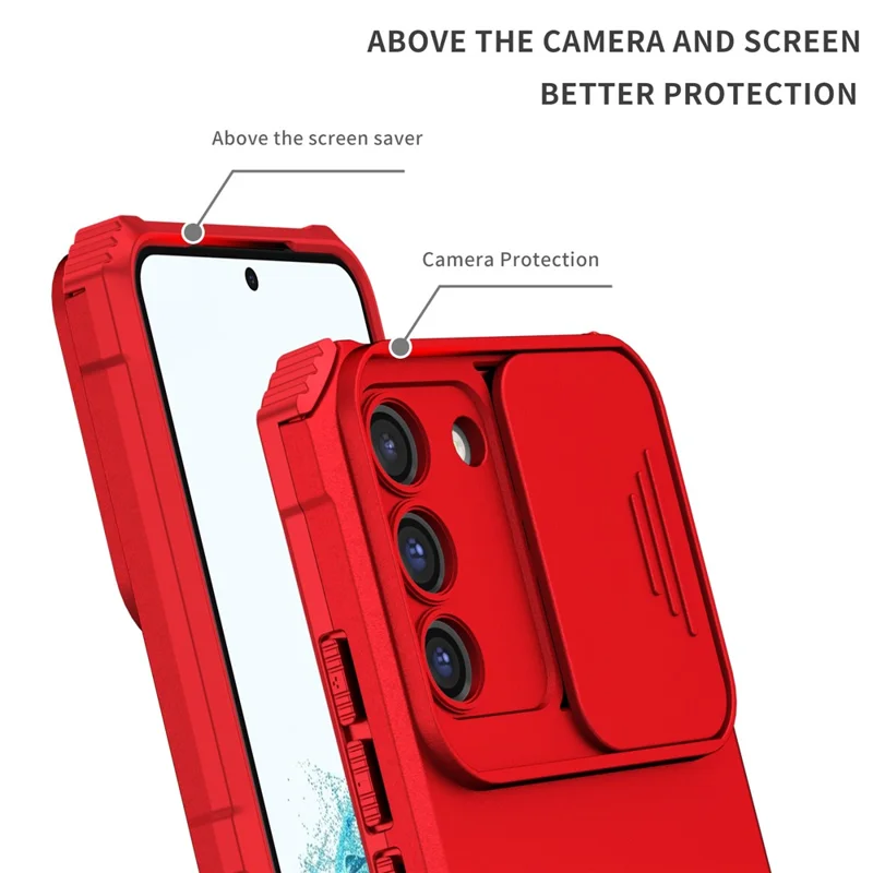 Für Samsung Galaxy S22 5G PC+TPU Kickstand Cover Slide Lens Shield Handyhülle - Rot