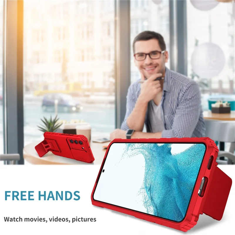Für Samsung Galaxy S22 5G PC+TPU Kickstand Cover Slide Lens Shield Handyhülle - Rot