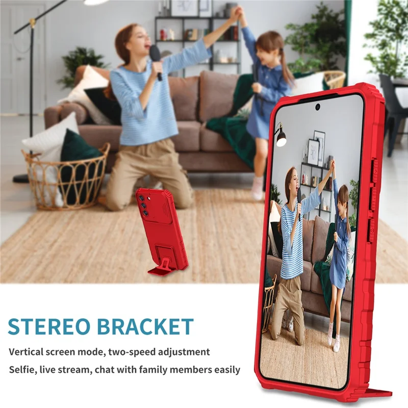 Für Samsung Galaxy S22 5G PC+TPU Kickstand Cover Slide Lens Shield Handyhülle - Rot