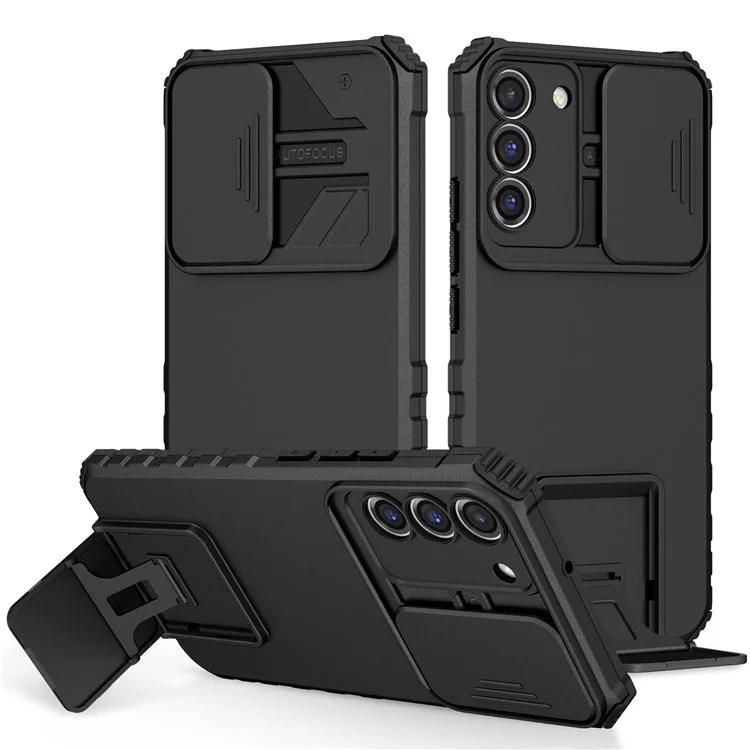 Para Samsung Galaxy S22+ 5G Slide Lens Shield Anti-fall Cover Kickstand PC+TPU Phone Case - Preto