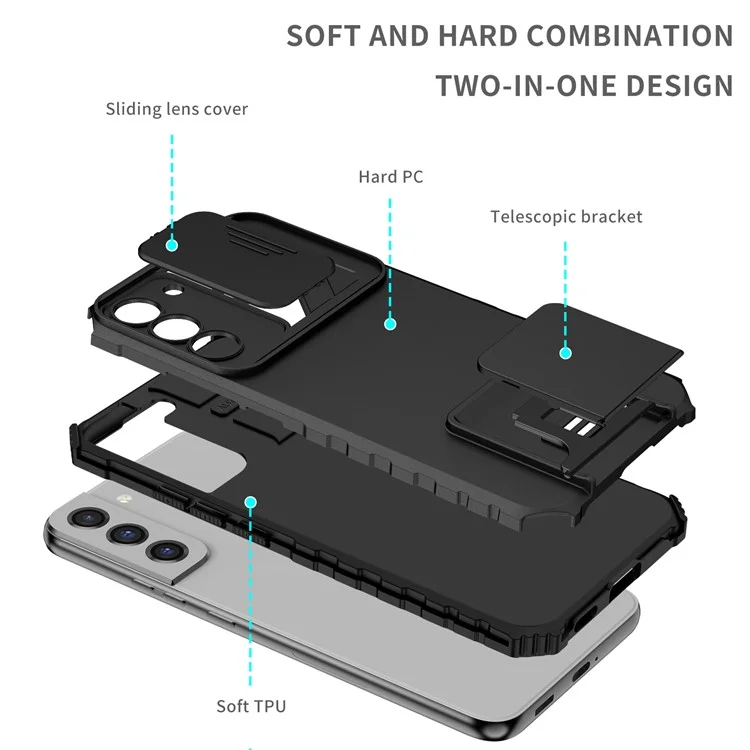 Para Samsung Galaxy S22+ 5G Slide Lens Shield Anti-fall Cover Kickstand PC+TPU Phone Case - Preto