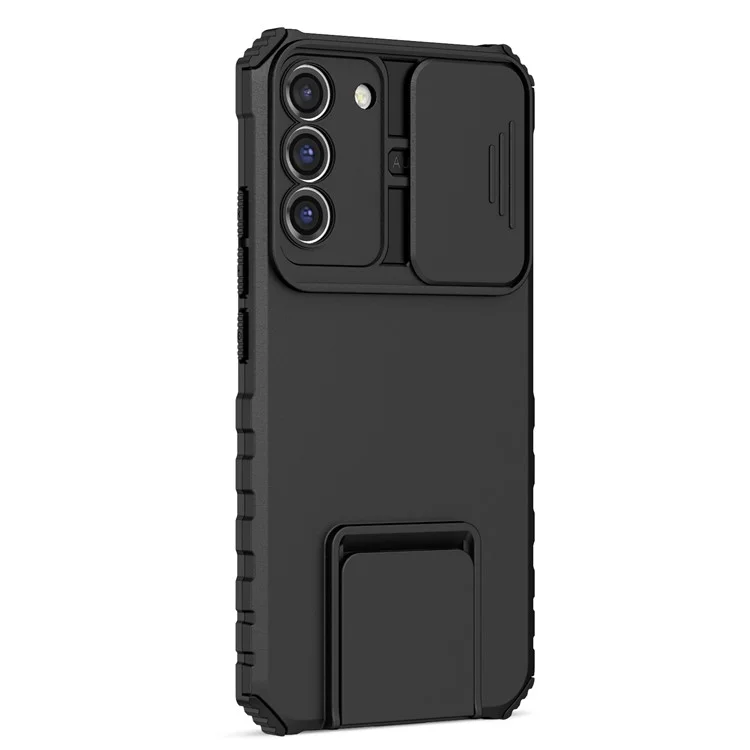 Para Samsung Galaxy S22+ 5G Slide Lens Shield Anti-fall Cover Kickstand PC+TPU Phone Case - Preto