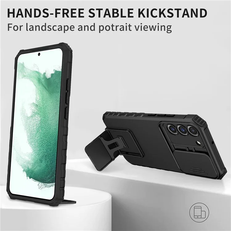 Para Samsung Galaxy S22+ 5G Slide Lens Shield Anti-fall Cover Kickstand PC+TPU Phone Case - Preto