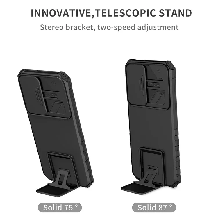 Para Samsung Galaxy S22+ 5G Slide Lens Shield Anti-fall Cover Kickstand PC+TPU Phone Case - Preto