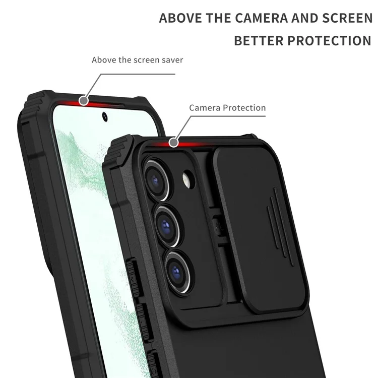 Para Samsung Galaxy S22+ 5G Slide Lens Shield Anti-fall Cover Kickstand PC+TPU Phone Case - Preto