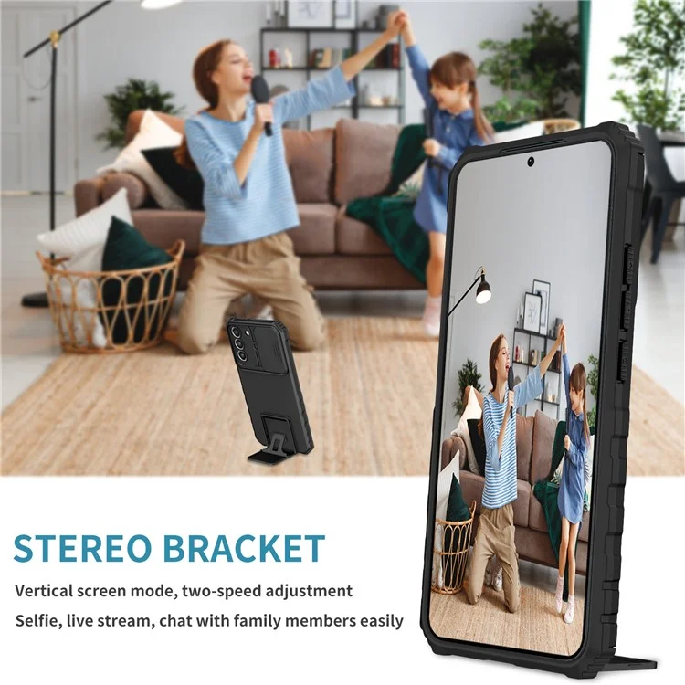 Para Samsung Galaxy S22+ 5G Slide Lens Shield Anti-fall Cover Kickstand PC+TPU Phone Case - Preto