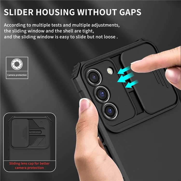 Para Samsung Galaxy S22+ 5G Slide Lens Shield Anti-fall Cover Kickstand PC+TPU Phone Case - Preto