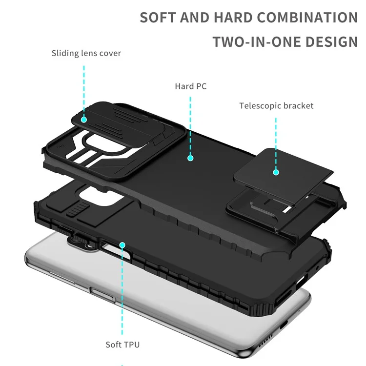 For Motorola Moto G Power (2021) PC+TPU Shockproof Kickstand Cover Slide Camera Lid Phone Case - Black