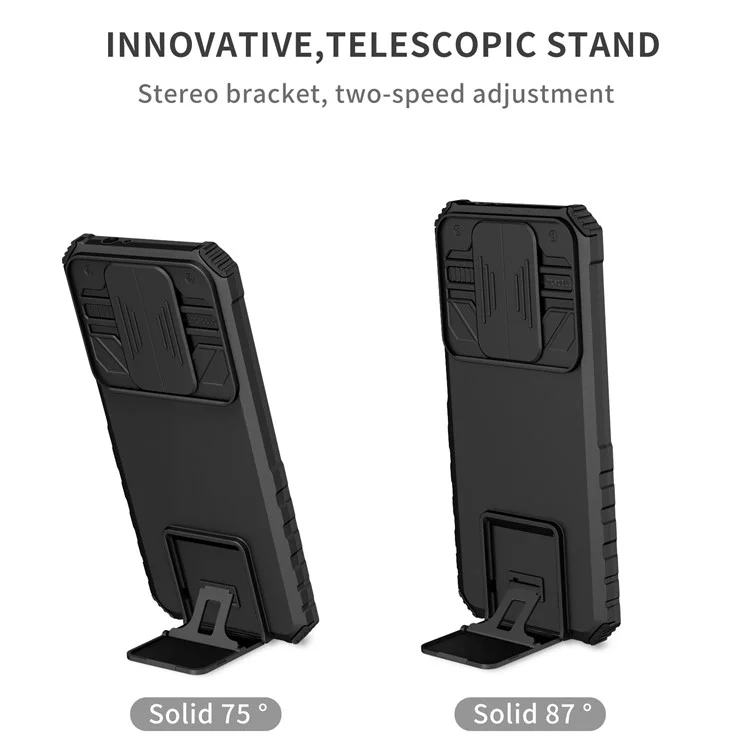For Motorola Moto G Power (2021) PC+TPU Shockproof Kickstand Cover Slide Camera Lid Phone Case - Black