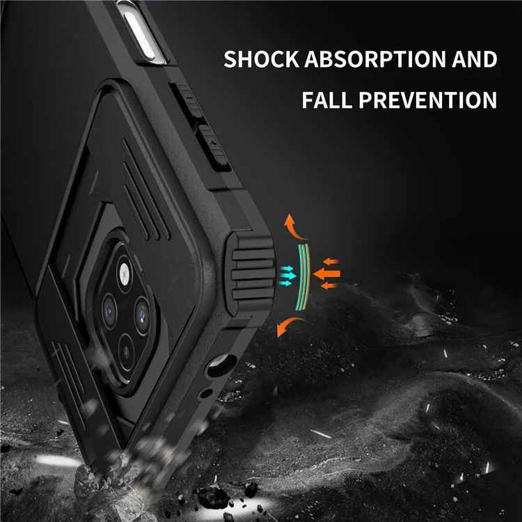 For Motorola Moto G Power (2021) PC+TPU Shockproof Kickstand Cover Slide Camera Lid Phone Case - Black