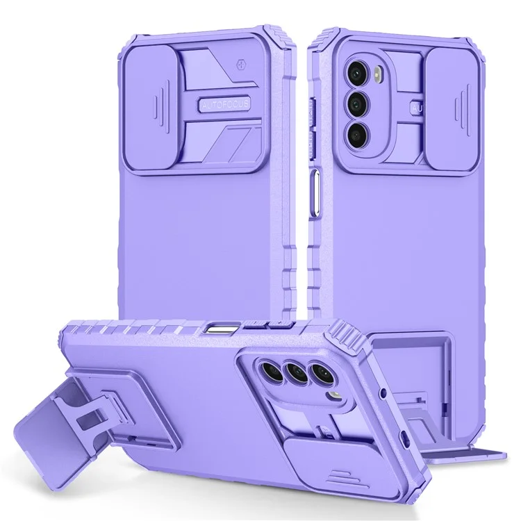 For Motorola Moto G52 4G / G82 5G Kickstand Back Cover Slide Camera Lid PC+TPU Phone Case - Purple