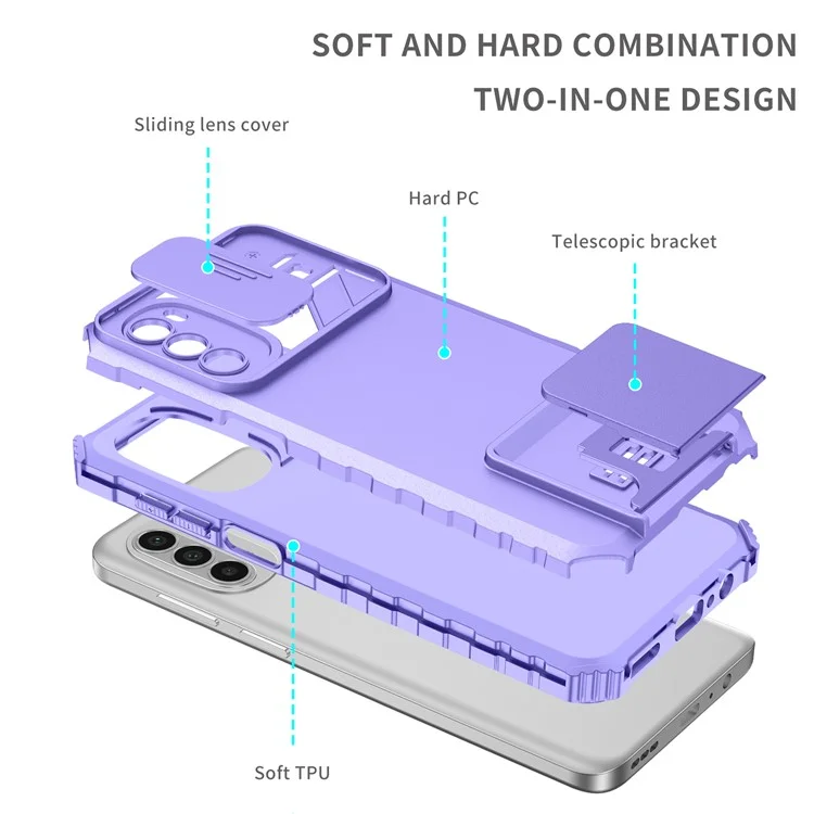 For Motorola Moto G52 4G / G82 5G Kickstand Back Cover Slide Camera Lid PC+TPU Phone Case - Purple