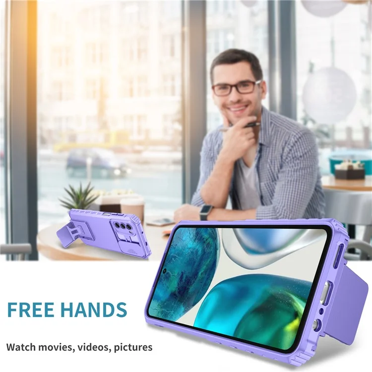 For Motorola Moto G52 4G / G82 5G Kickstand Back Cover Slide Camera Lid PC+TPU Phone Case - Purple