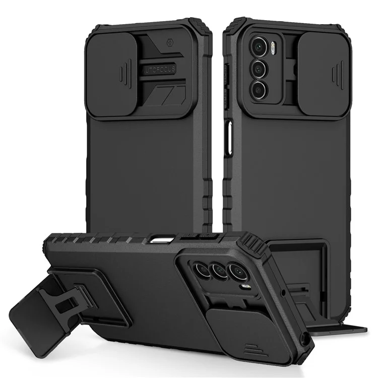 Für Motorola Moto G42 4G Slide Lens Protection Phone Cover PC+TPU Kickstand Case - Schwarz