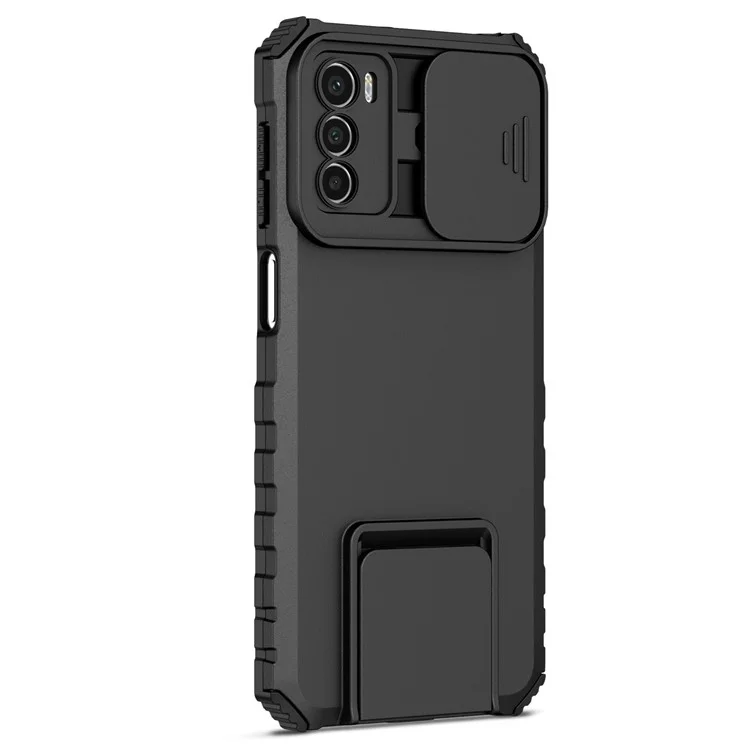 Für Motorola Moto G42 4G Slide Lens Protection Phone Cover PC+TPU Kickstand Case - Schwarz
