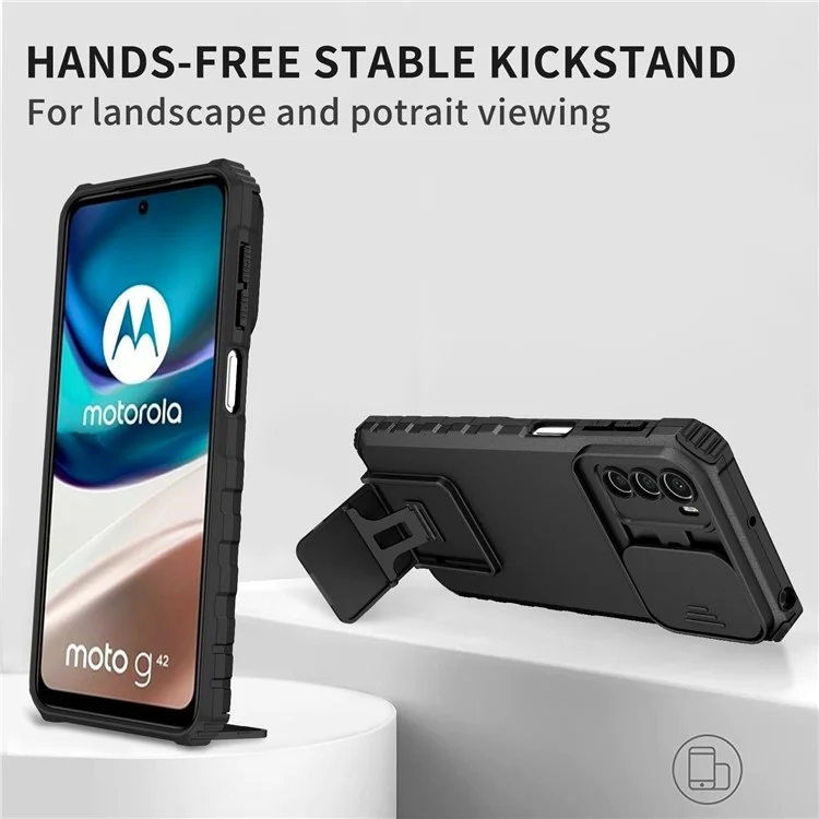 Für Motorola Moto G42 4G Slide Lens Protection Phone Cover PC+TPU Kickstand Case - Schwarz