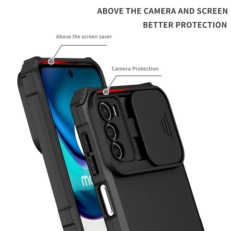 Für Motorola Moto G42 4G Slide Lens Protection Phone Cover PC+TPU Kickstand Case - Schwarz