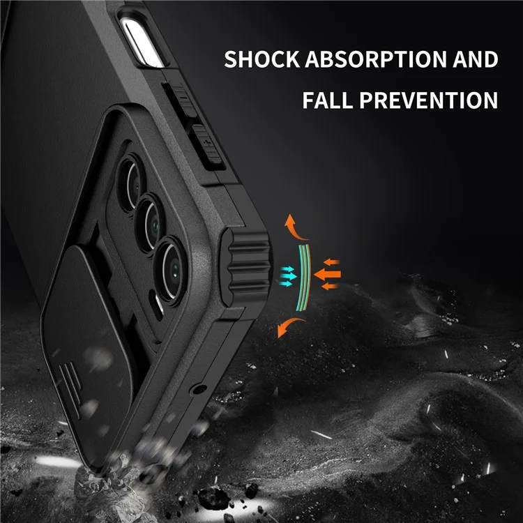 Für Motorola Moto G42 4G Slide Lens Protection Phone Cover PC+TPU Kickstand Case - Schwarz