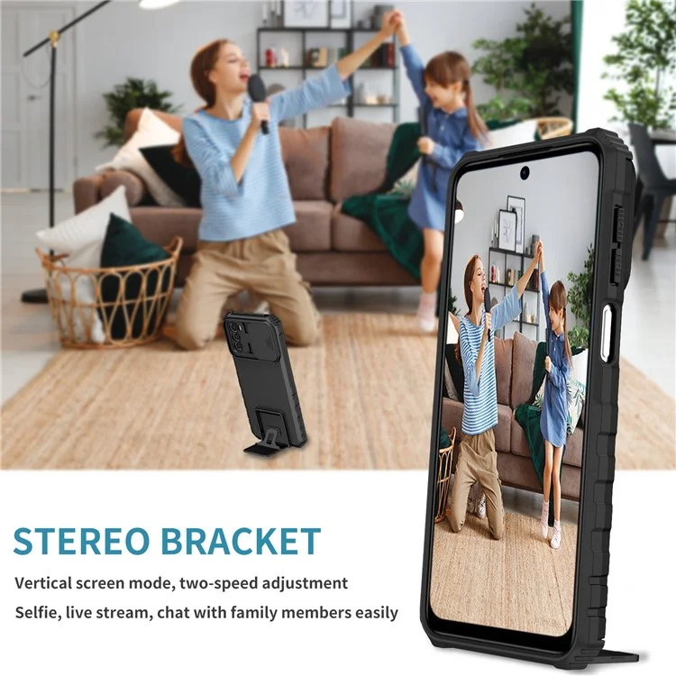 Für Motorola Moto G42 4G Slide Lens Protection Phone Cover PC+TPU Kickstand Case - Schwarz