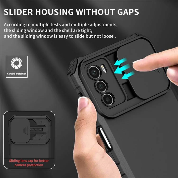 Für Motorola Moto G42 4G Slide Lens Protection Phone Cover PC+TPU Kickstand Case - Schwarz